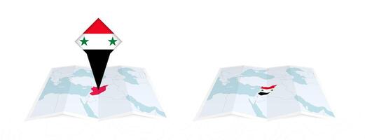 Two versions of an Syria folded map, one with a pinned country flag and one with a flag in the map contour. Template for both print and online design. vector
