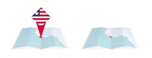 Two versions of an Liberia folded map, one with a pinned country flag and one with a flag in the map contour. Template for both print and online design. vector