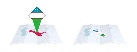 Two versions of an Uzbekistan folded map, one with a pinned country flag and one with a flag in the map contour. Template for both print and online design. vector