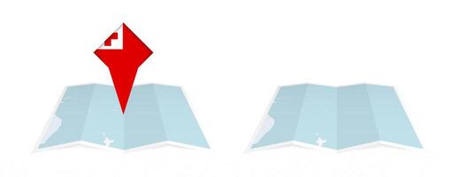 Two versions of an Tonga folded map, one with a pinned country flag and one with a flag in the map contour. Template for both print and online design. vector