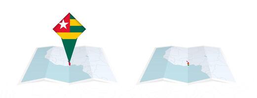 Two versions of an Togo folded map, one with a pinned country flag and one with a flag in the map contour. Template for both print and online design. vector