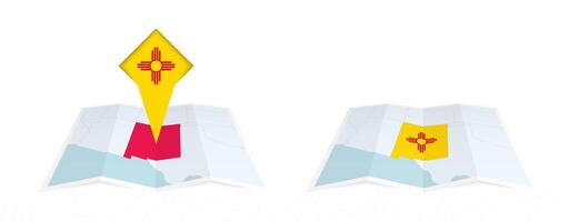 Two versions of an New Mexico folded map, one with a pinned country flag and one with a flag in the map contour. Template for both print and online design. vector