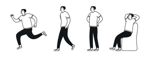 Male doodle character, change from rest to movement. Man sitting, standing, walking and running. Activity and relaxation. linear illustration vector