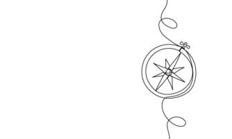 Horizontal banner continuous line magnetic compass. Land, sea, navigation, geography compass, pointer. line art vector