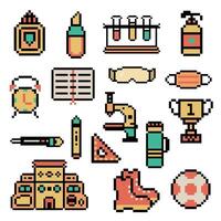 pixel art objects set school vector