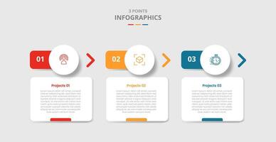 3 points template infographic with round box with circle header and arrow direction with drop shadow style with three stage list information vector