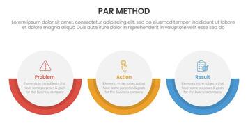 PAR method infographic 3 point with big circle horizontal layout for slide presentation vector