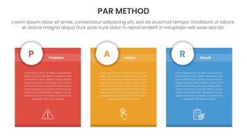 PAR method infographic 3 point with box container table with circle badge header for slide presentation vector