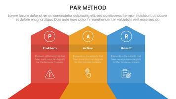 PAR method infographic 3 point with big shape arrow header top direction for slide presentation vector