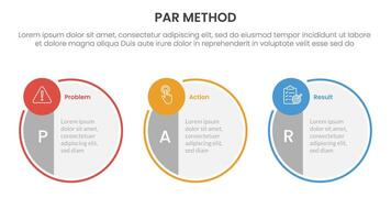 PAR method infographic 3 point with big circle symmetric and small circle badge on horizontal direction for slide presentation vector