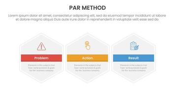 PAR method infographic 3 point with big hexagon hexagonal horizontal for slide presentation vector