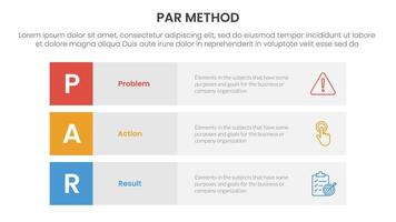 PAR method infographic 3 point with 3 block row rectangle content stack for slide presentation vector