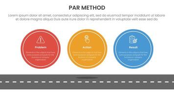 PAR method infographic 3 point with big circle symmetric horizontal on top of roadway for slide presentation vector