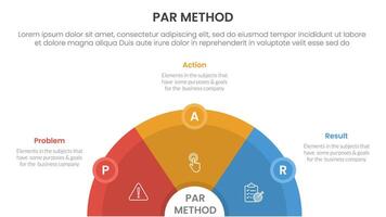 PAR method infographic 3 point with half circle horizontal with circle badge for slide presentation vector