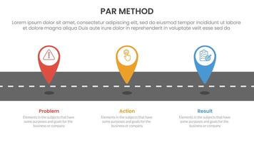 PAR method infographic 3 point with tagging pin location marker on roadway for slide presentation vector