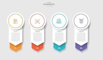 4 points template infographic with big circle header and arrow stacked bottom direction with drop shadow style with four stage list information vector