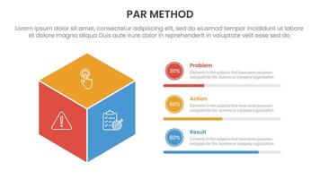 PAR method infographic 3 point with 3d box shape with circle progress description for slide presentation vector