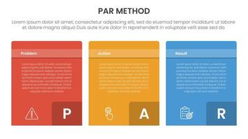 PAR method infographic 3 point with box container table with badge number on bottom for slide presentation vector