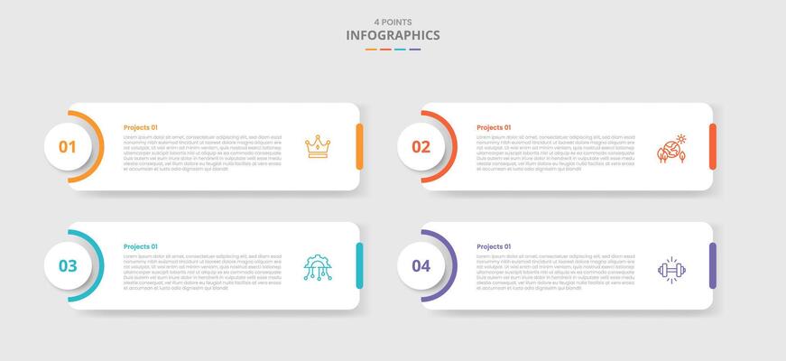 4 points template comparison concept for infographic with round box and circle badge on left cutting shape with drop shadow style with two point list information