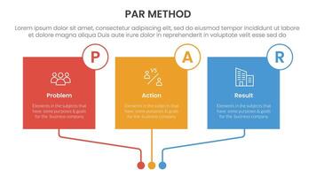 PAR method infographic 3 point with square box linked connection circle badge for slide presentation vector