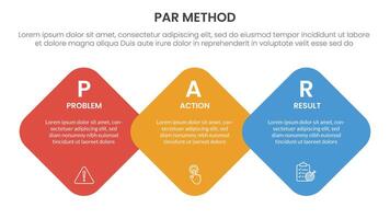 PAR method infographic 3 point with round diamond on horizontal direction for slide presentation vector