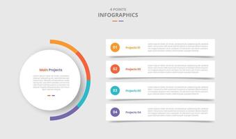 4 points template comparison concept for infographic with main circle and long rectangle box stacked layer with drop shadow style with two point list information vector