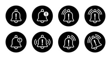 Warning alarm bell outline icon set collection on black circle. Notification sign. Danger caution symbol vector