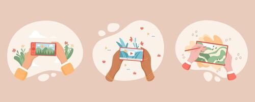 User with smartphone in hand, using media application on screen. Concept of digital technology, communication, social interaction. Flat design, suitable for online platforms and media. vector