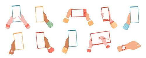 Cartoon hands hold digital devices like smartphone, tablet, and watch. Isolated phone design set with blank screen. Concept of online communication and app use, suitable for digital interfaces vector