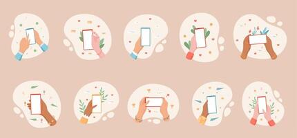 Cartoon hands hold smartphones in various styles with social media and chat applications. Blank mobile screens set show diverse digital communication concept in a colorful flat design, social template vector