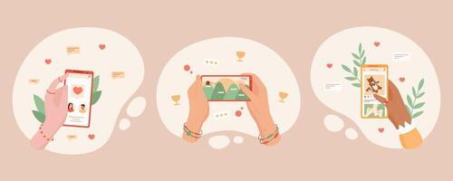 Set of hands holding smartphone using app for chat and media. Engaging in online play and communication. Concept of digital technology, social interaction, and mobile design set. vector