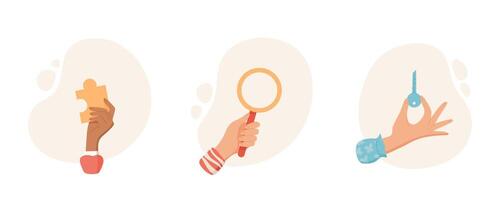 Hand gesture hold key, puzzle piece, and magnifying glass. Symbol of search and teamwork in flat illustration. Ideal for educational or problem themes in isolated graphic set. vector