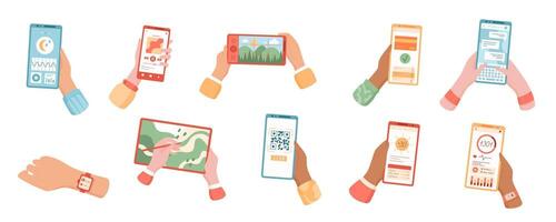 Hands holding mobile phones set, using apps on screens. Users interact with social media and demonstrate gestures. Concept of mobile technology, digital communication, and user design. vector