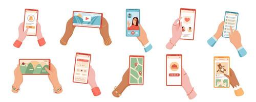 Set of user holding mobile phone in hand with screen showing apps and videos. Concept of technology, communication, and social interaction. Ideal for mobile app design and online chat service. vector