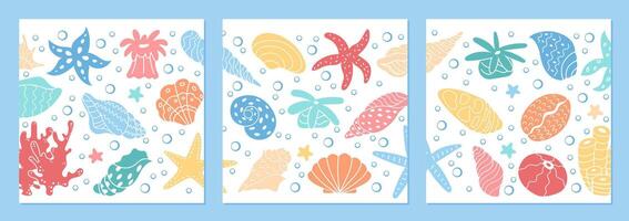Underwater reef scene filled with marine life and colorful coral formations. Social media template post with vibrant sea creatures, seashells, and starfish in an ocean inspired design. vector