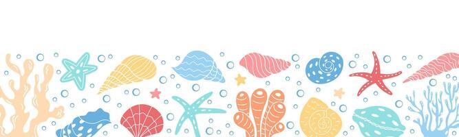 Vibrant seashells and marine life pattern graphic. This underwater design includes various sea elements, creating a colorful ocean reef. Marine creatures in a playful setting. vector
