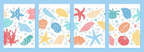 Underwater graphic set with diverse marine elements like coral reefs, starfish, and seashells. Captures vibrant life forms found under the sea, painted in a colorful cartoon design. vector