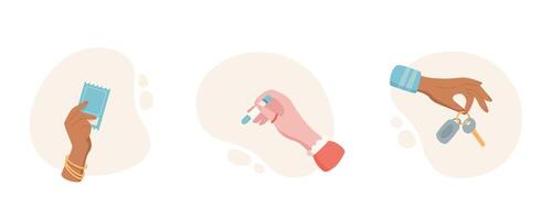 Hand give and receive various items in cartoon graphic style. Symbol of gesture and exchange, showcasing human interaction hold. Flat icon set for diverse concepts, ideal for educational materials vector