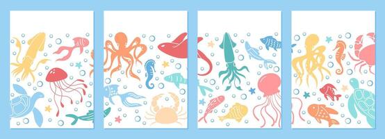 Postcard design with colorful underwater animals like jellyfish, octopus, and sea turtle. Ocean creatures in vibrant water reef color life, part of sea aquatic graphic template set. vector