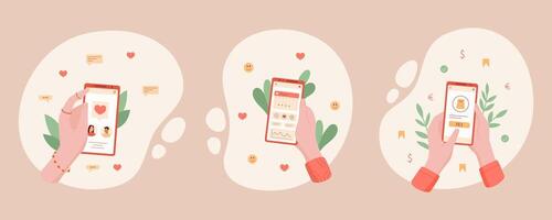 Set of hands holding smartphones displaying various apps for media, chat, and payment services. Digital phone cartoon design highlighting online interaction and communication. Ideal for modern graphic vector