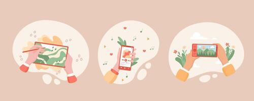 Hands hold mobile phones displaying app screens in a digital media cartoon graphic style. Smartphone set with flat design showcasing various applications. Ideal for illustrating online media. vector