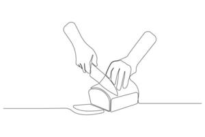 Hands cutting bread with a knife continuous one-line art drawing. vector