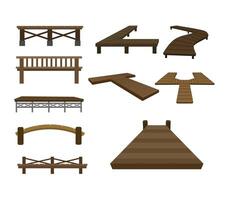 A collection of wooden pier and dock illustrations, showcasing various designs and angles, for seaside scenes, fishing themes, travel designs, and nature projects vector