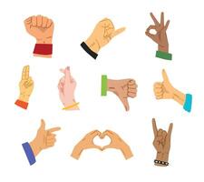 A diverse collection of hand sign gesture illustrations, showcasing various poses like thumbs up, and peace signs, represented in multiple skin tones, for social media graphics and project design vector