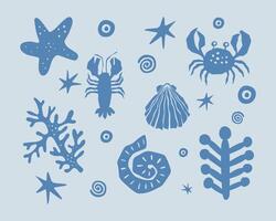 Marine life illustration pattern coral, crap, shell, shrimp, starfish, deep sea background layout silhouette print art editable vector