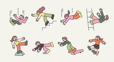 Funny and dynamic cartoon illustration of people falling in various situations, including slipping, tripping, and losing balance. Concept of accidents, danger, and caution. vector