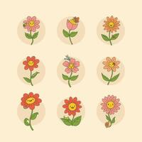 Nine cute cartoon flowers in a single image, each interacting with a tiny insect vector