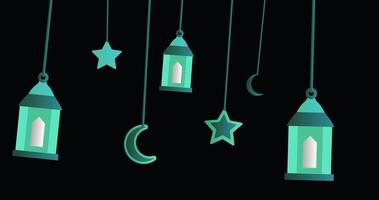Lantern Islamic Animated Banners and Crescent Moons Rotating on a Black Background Loop video