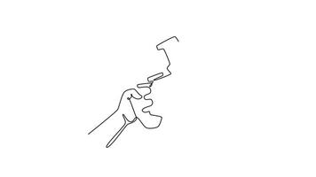Animated self drawing of continuous line draw hand of worker builder male holding electric power drill in workshop. Handyman tools for home construction and renovation. Full length one line animation video