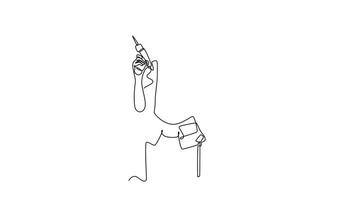 Self drawing animation of single line draw attractive carpenter woman holding power drill in workshop with ok gesture. Enthusiasm for woodworking project concept. Continuous line. Full length animated video